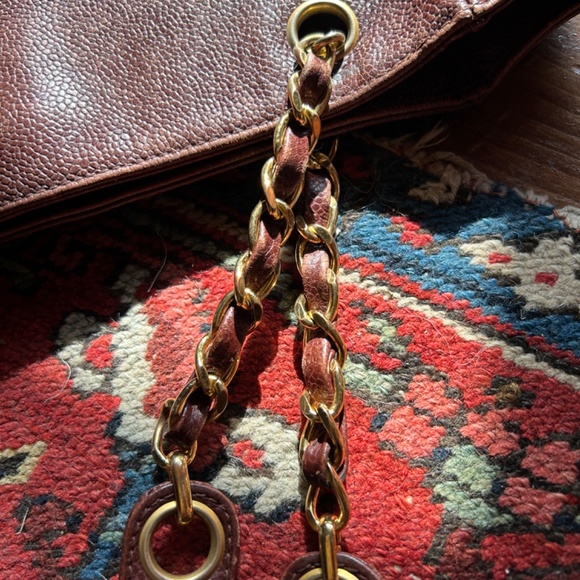 Vintage Chanel Chain Handle Caviar Brown Logo Bag Tote - Picture 8 of 16